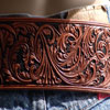 Handsome custom ordered Lady's hip clinging belt sporting Keith valleys'acanthus scrolls Carving