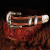 Handsome custom ordered cowboy belt sporting Keith valleys' Sheridan Style Floral Carving and solid Les Vogt sterling trimings