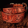 Handsome custom ordered cowboy belt sporting Keith valleys' Sheridan Style Floral Carving and solid Les Vogt sterling trimings